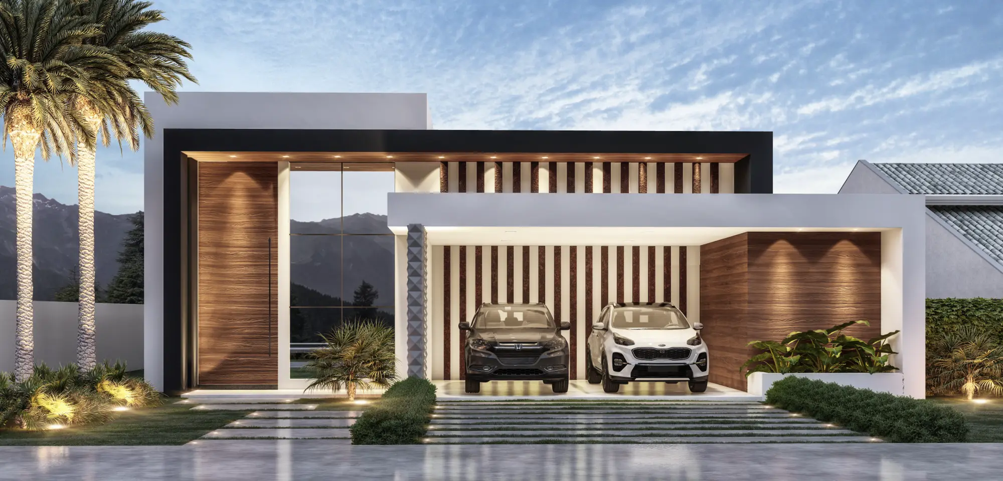 Fachada com pórtico escuro, painéis ripados e garagem para dois carros
