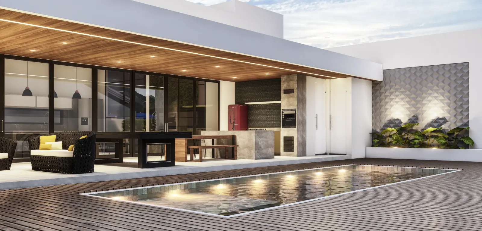 Espaço gourmet integrado à piscina
